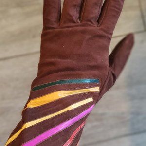 Vintage Brown Suede Gloves with leather rainbow inserts.